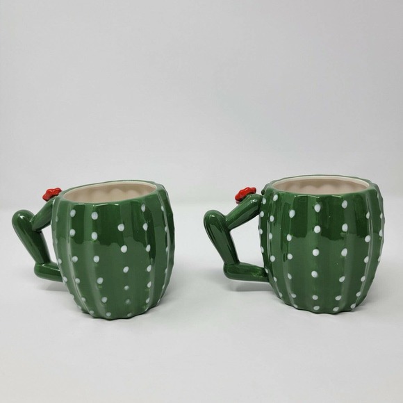 Cactus Ceramic Mugs Green White Red Flower Set of 2 - Picture 2 of 12